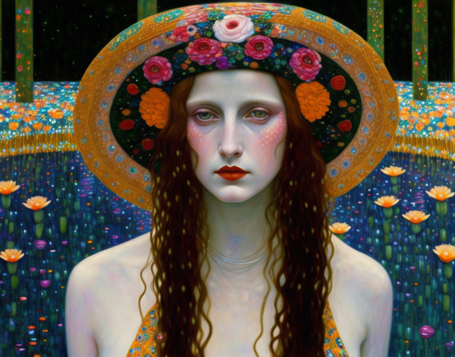 Portrait of woman with pale skin, red hair, floral hat, starry background, and flowers