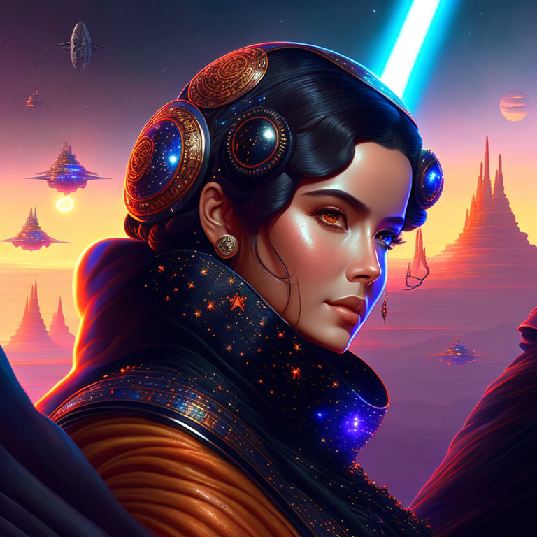 Futuristic sci-fi portrait of a woman in cosmic setting