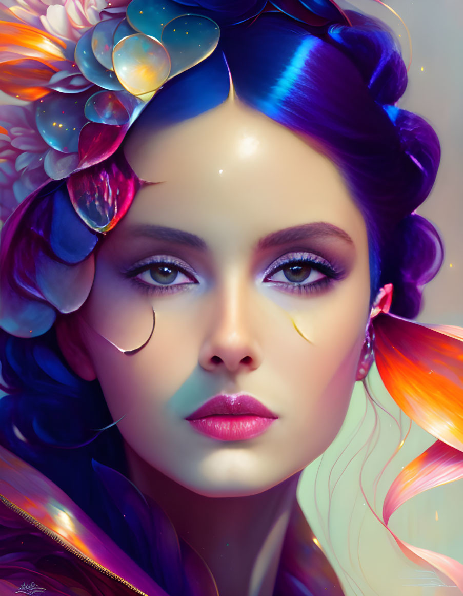 Vibrant Blue and Purple Hair Woman Portrait with Multi-Colored Petals