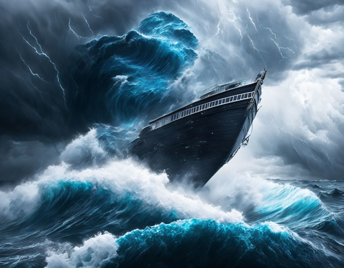 Stormy seas with ship and lightning: dramatic maritime peril scene