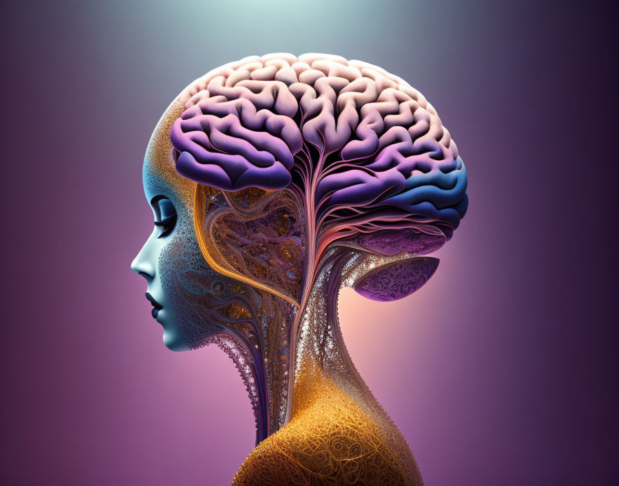 Digital artwork featuring humanoid head profile with visible brain on purple gradient.