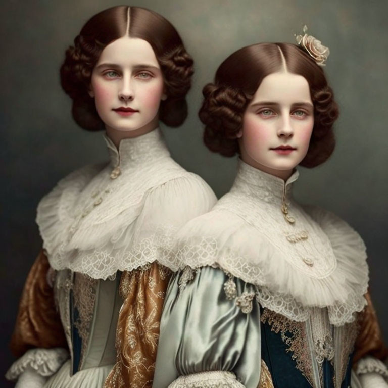 Women in Victorian attire with identical faces and elaborate hairstyles.