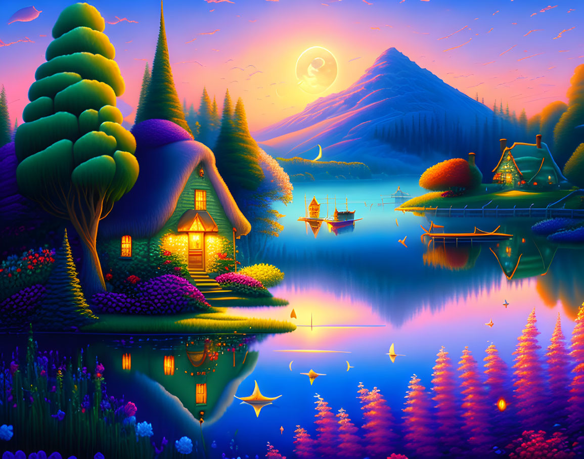 Fantasy landscape with glowing flowers, whimsical trees, serene lake, boats, and moonlit mountain