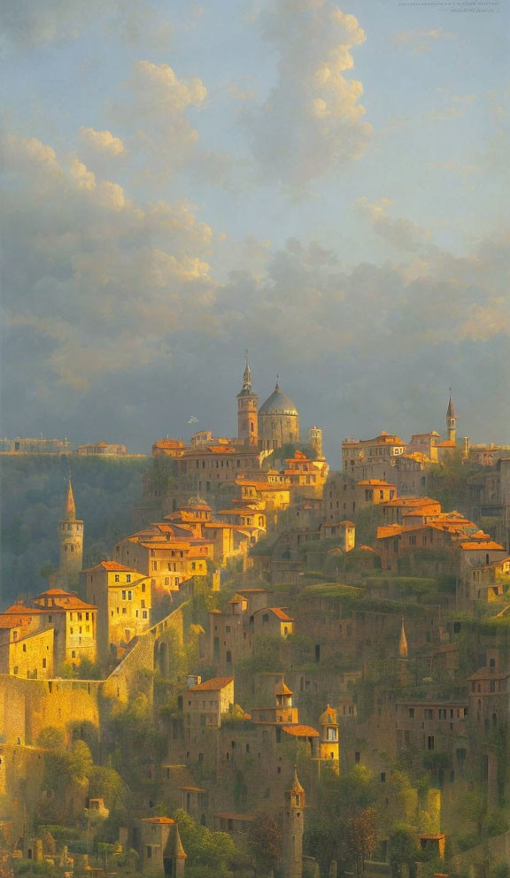 Golden-lit hilltop town painting with historic buildings and cathedral