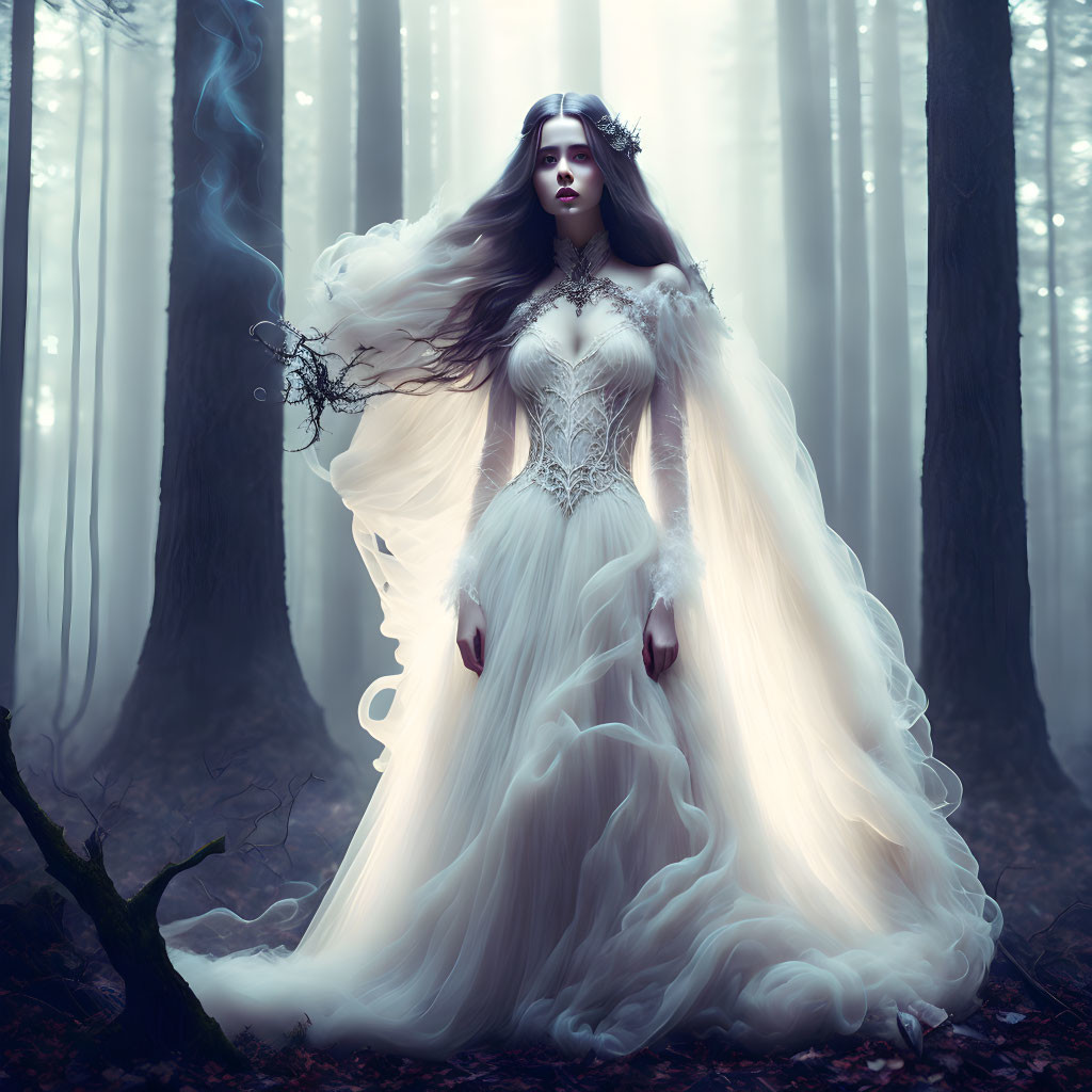 Woman in elaborate white gown among misty twilight-lit trees