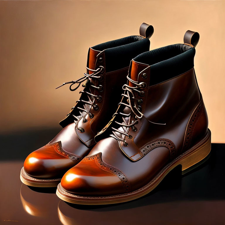 Brown Leather Wingtip Boots on Reflective Surface Against Warm Backdrop