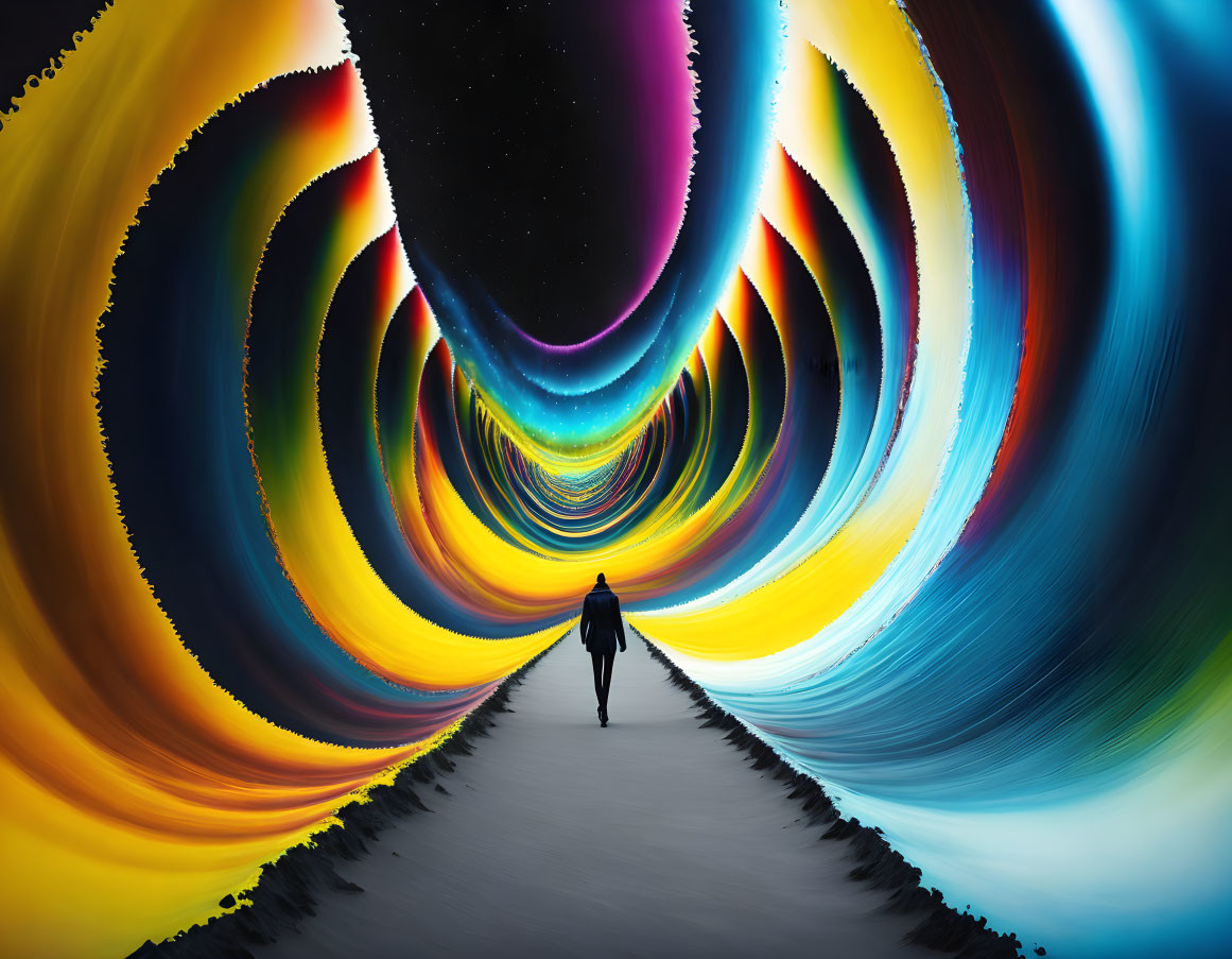 Person Walking Towards Swirling Multicolored Vortex at Night