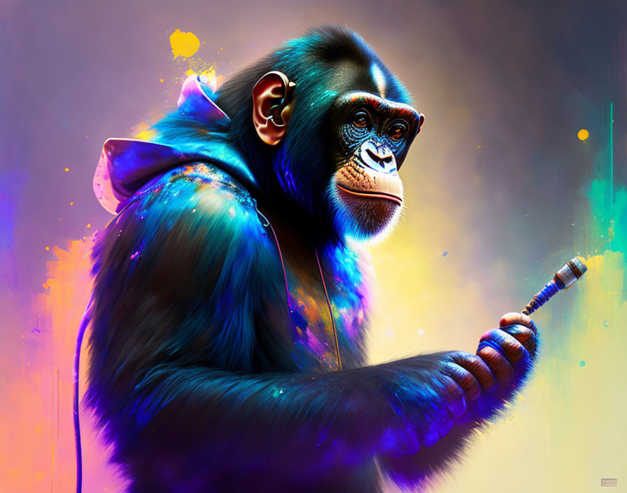 Colorful Chimpanzee Digital Art with Cosmic Aura and Paintbrush on Gradient Backdrop