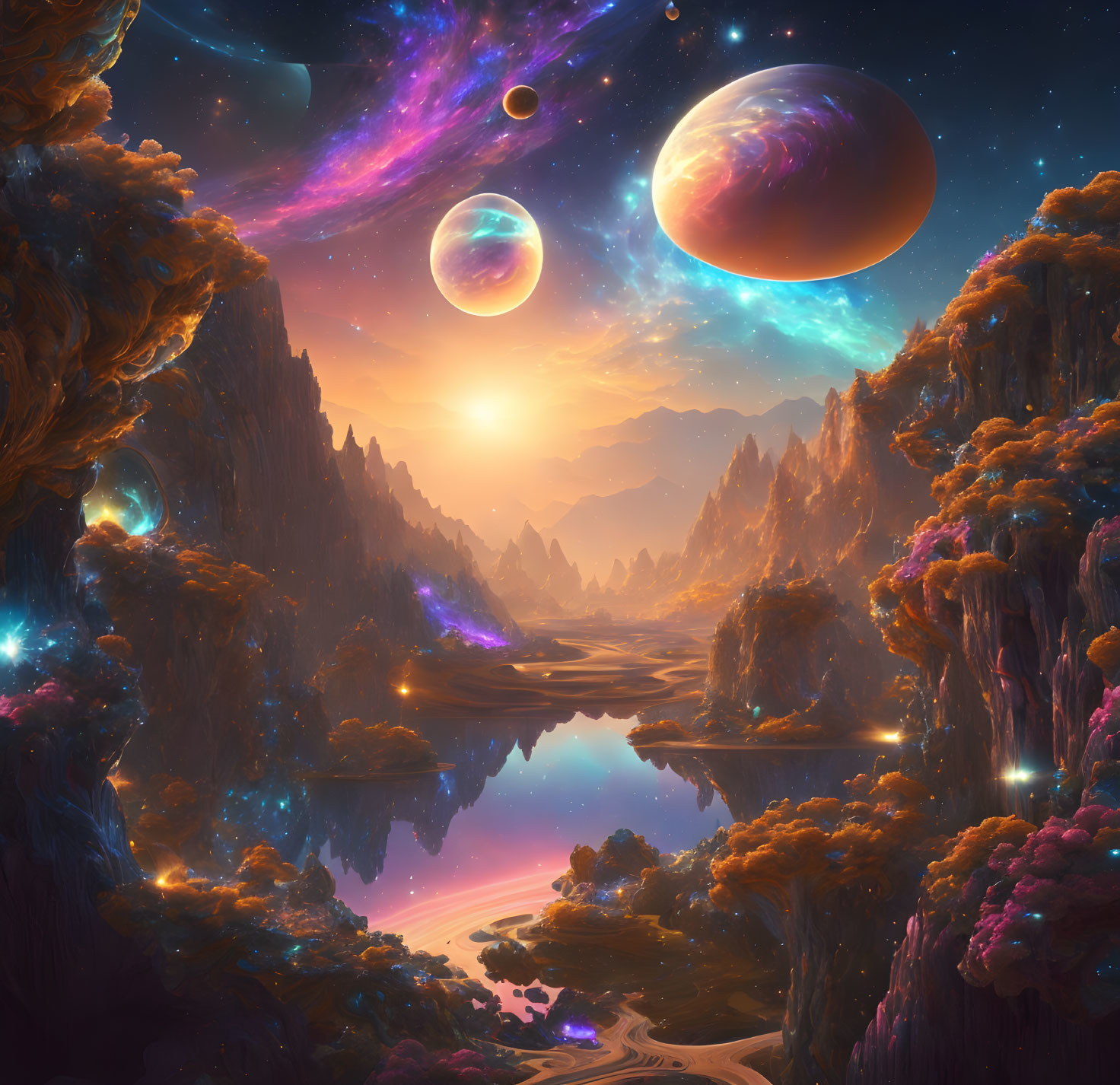 Colorful digital art: Otherworldly landscape with rocky cliffs, serene lake, and multiple planets at