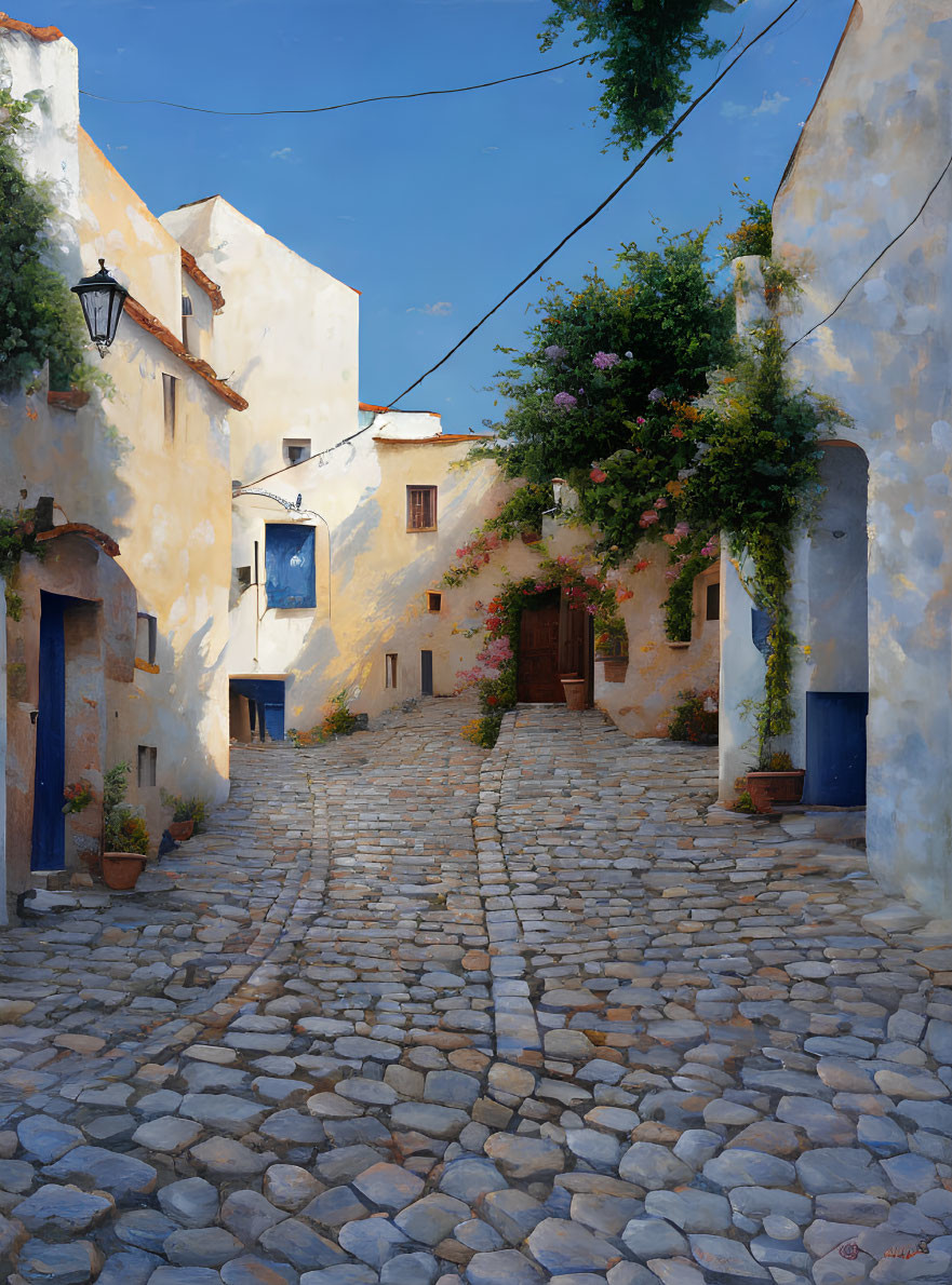 Traditional White Houses on Cobblestone Street Under Blue Sky