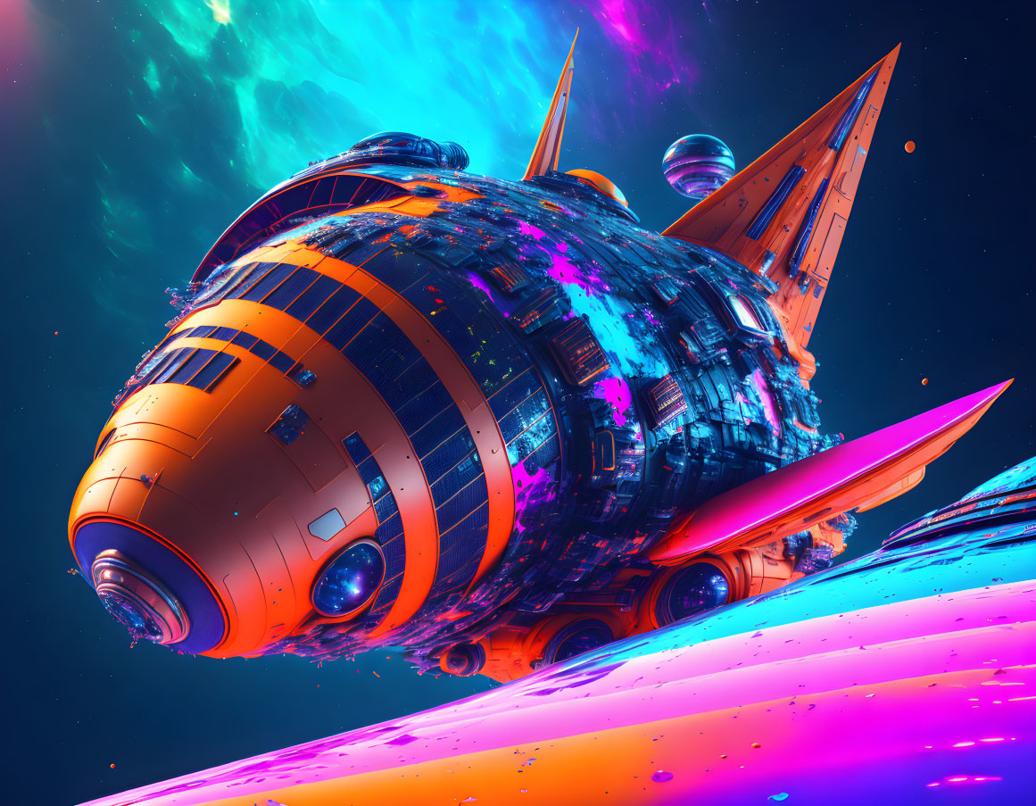 Futuristic spaceship with orange fins in space scenery