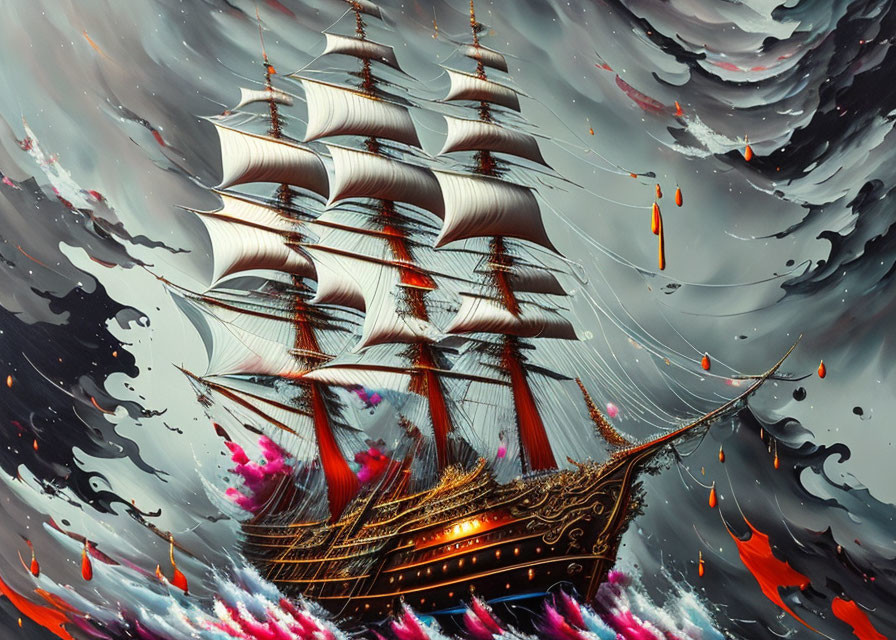 Ornate sailing ship navigating turbulent sea under dramatic sky