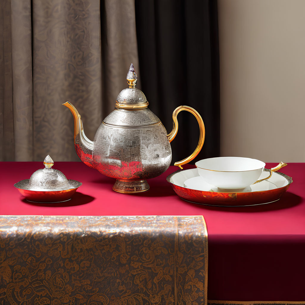 Silver Teapot, Gold-handled Sugar Bowl, White Teacups with Gold Accents on Tray