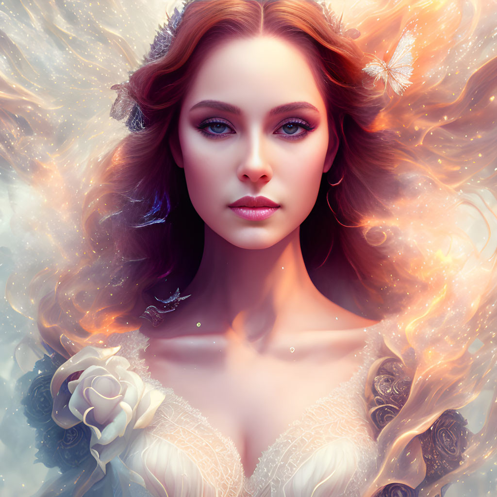 Digital artwork of woman with fiery hair, blue eyes, and rose-adorned dress in dreamy