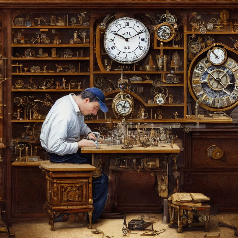 Skilled watchmaker in blue shirt at antique workshop with clocks and tools