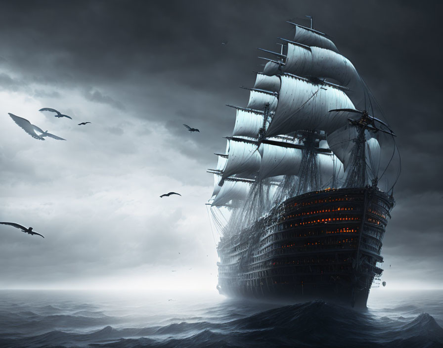 Majestic sailing ship in stormy seas with illuminated windows and flying birds