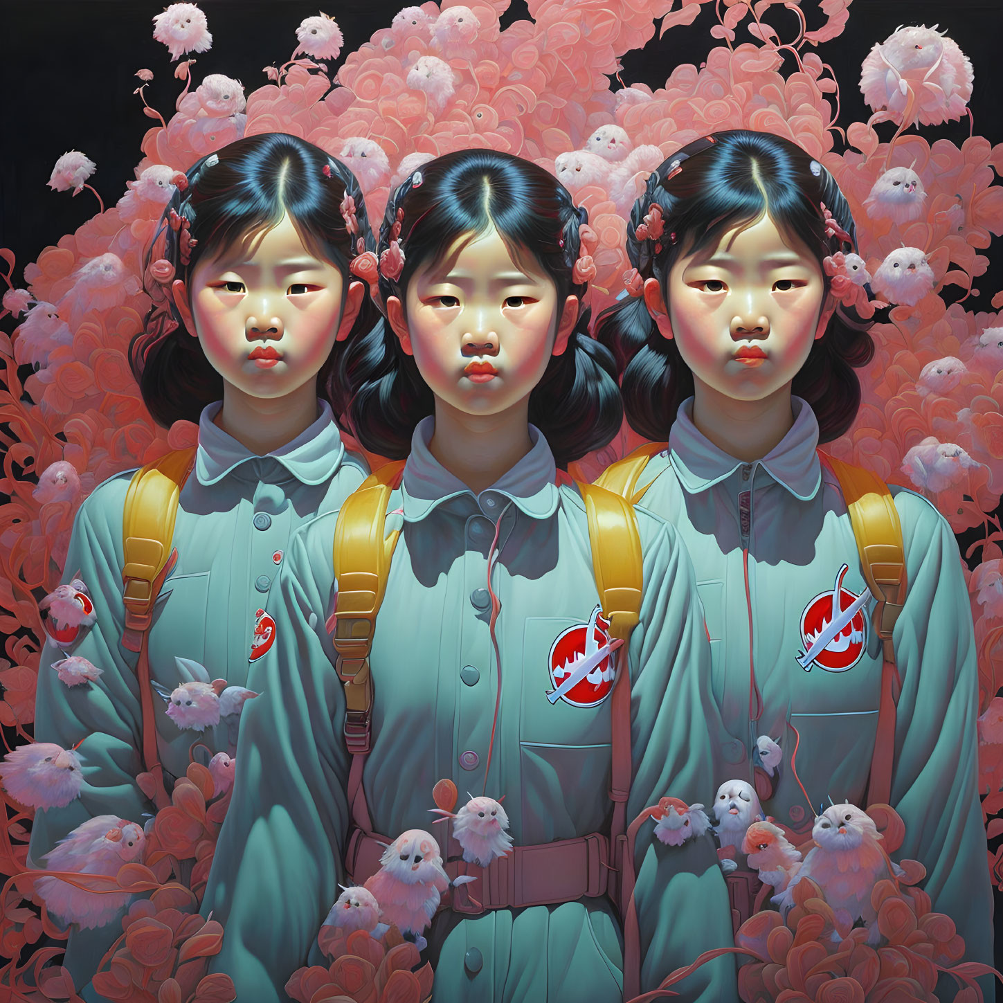 Triplets in matching outfits with backpacks against floral backdrop and fluffy animals