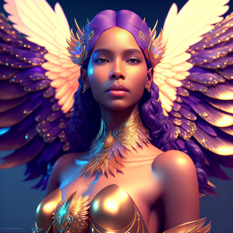 Digital artwork of woman with golden feathered wings and purple headscarf against blue background