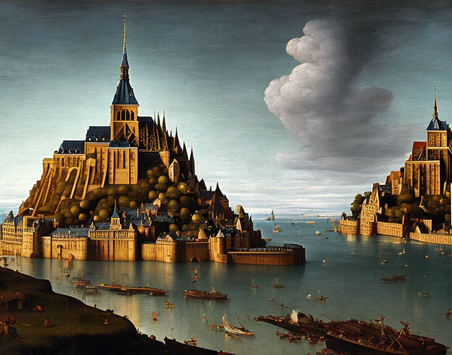 Renaissance painting of fortified island city with cathedral, calm sea, boats, and looming cloud