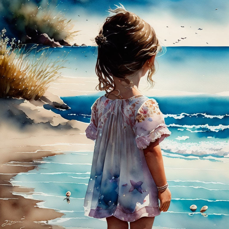 Young girl in floral dress by the sea with seashells on sandy beach