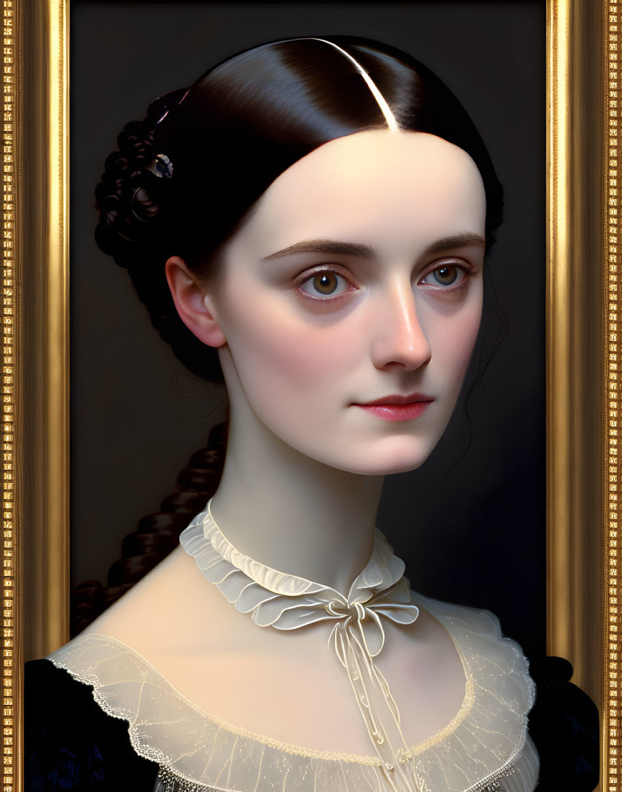 Portrait of young woman with pale skin and dark hair in black dress with white collar, framed like classical