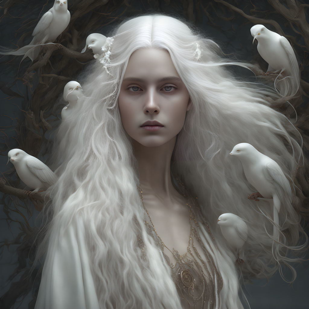 Pale-skinned woman with long white hair surrounded by birds and branches