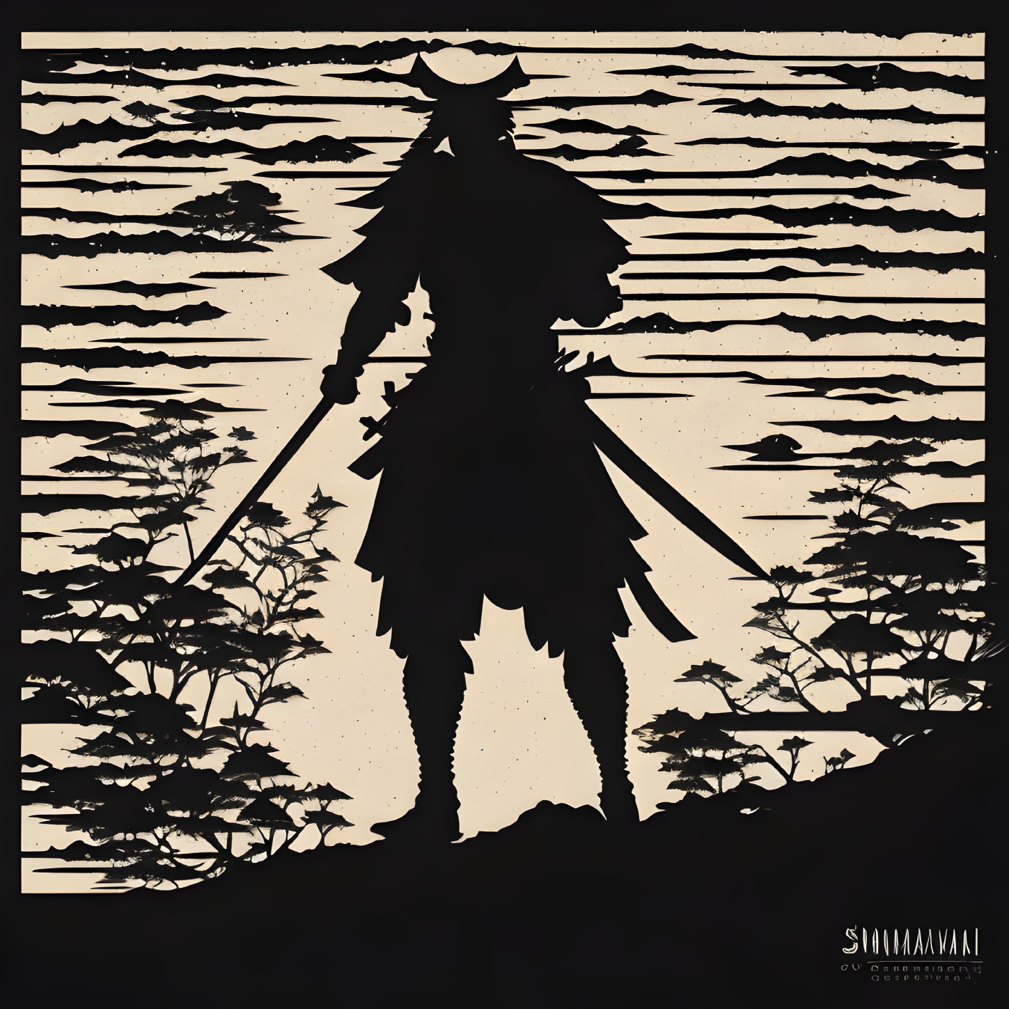 Silhouetted samurai on hill with sword, Asian-inspired border, stylized clouds.