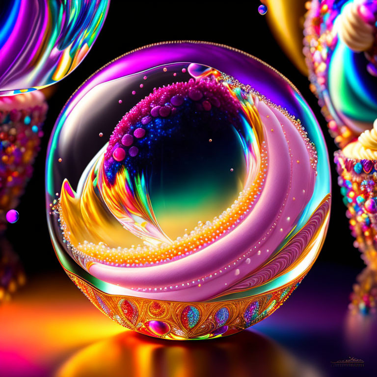 Colorful Swirls Sphere on Reflective Iridescent Surface