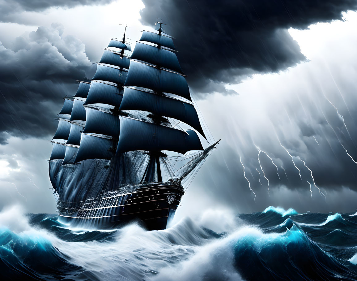 Majestic sailing ship with blue sails in stormy seas