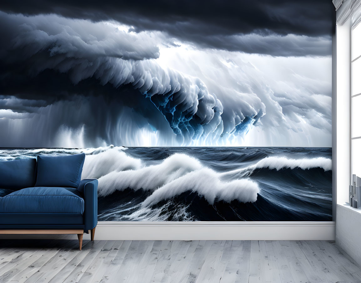 Blue sofa and wave mural in living room