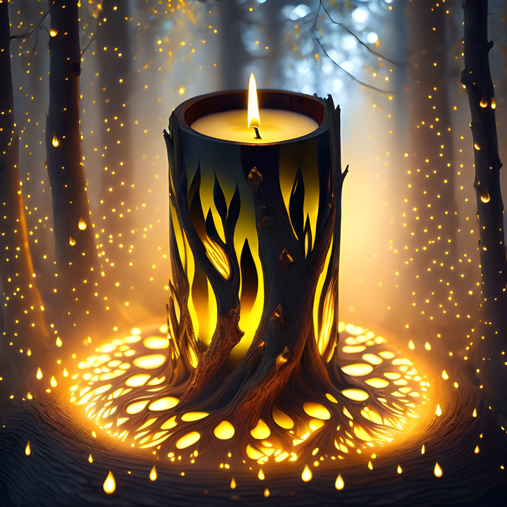 Tree Design Candle Holder Casting Warm Glow on Wooden Surface