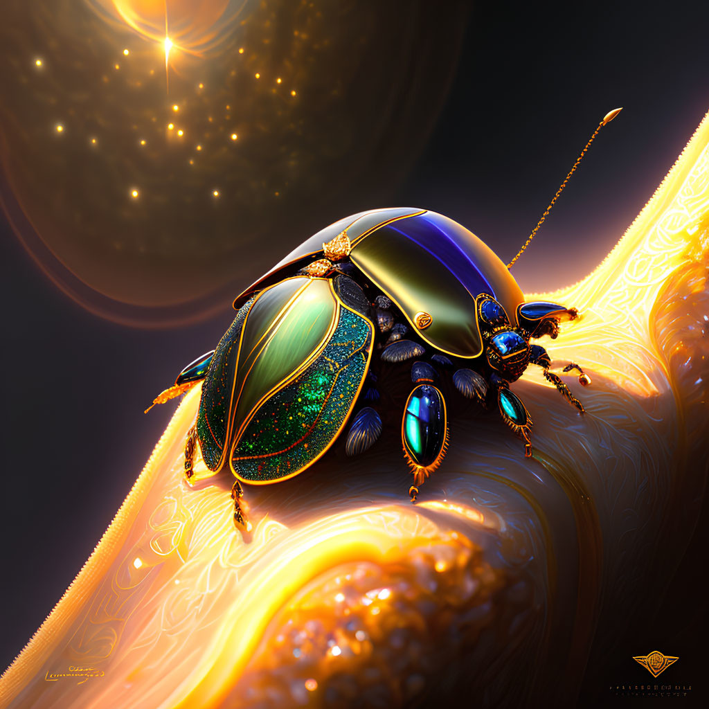 Iridescent scarab beetle with golden embellishments on cosmic backdrop