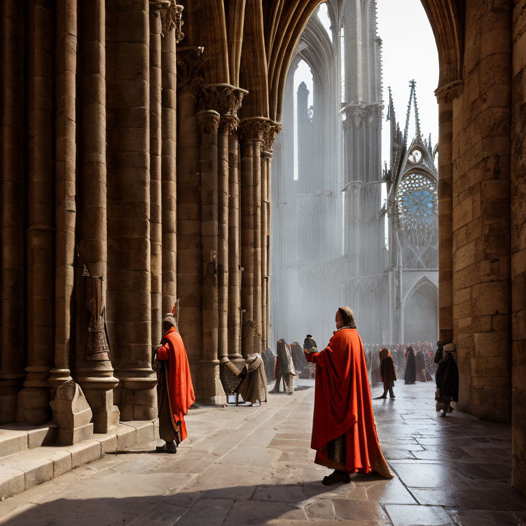 Two figures in red cloaks stroll through a sunlit gothic cathedral archway.