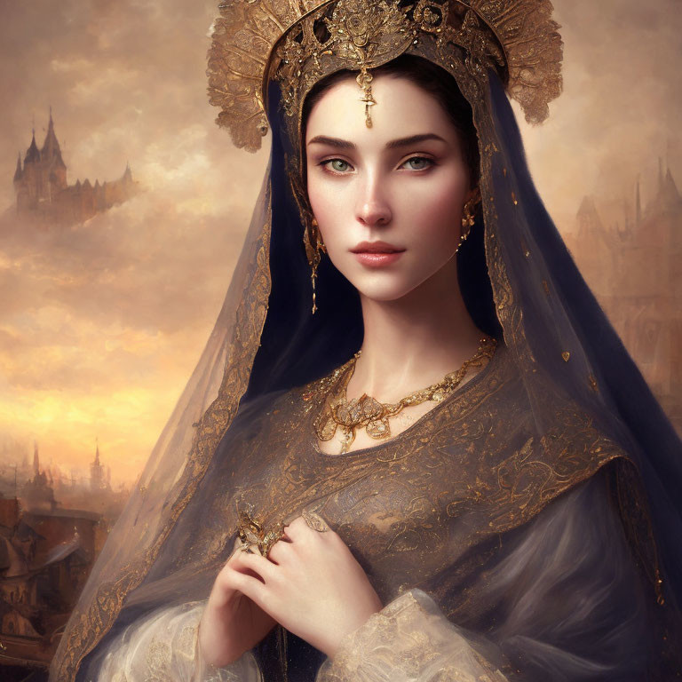 Regal woman in golden crown and blue cloak at sunset