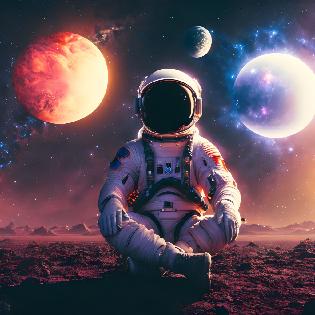 Astronaut on rocky alien surface with three celestial bodies in pink sky