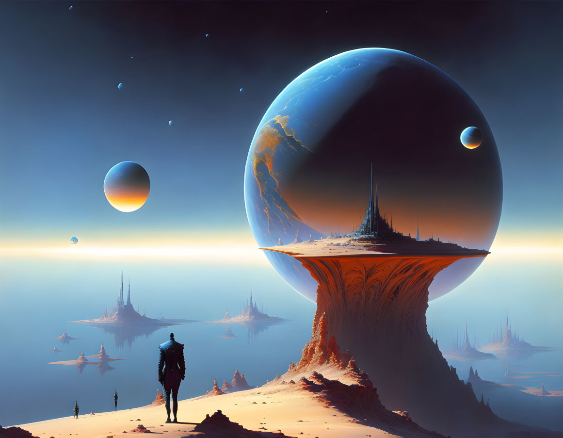 Person on rocky terrain gazes at futuristic cities on alien planets