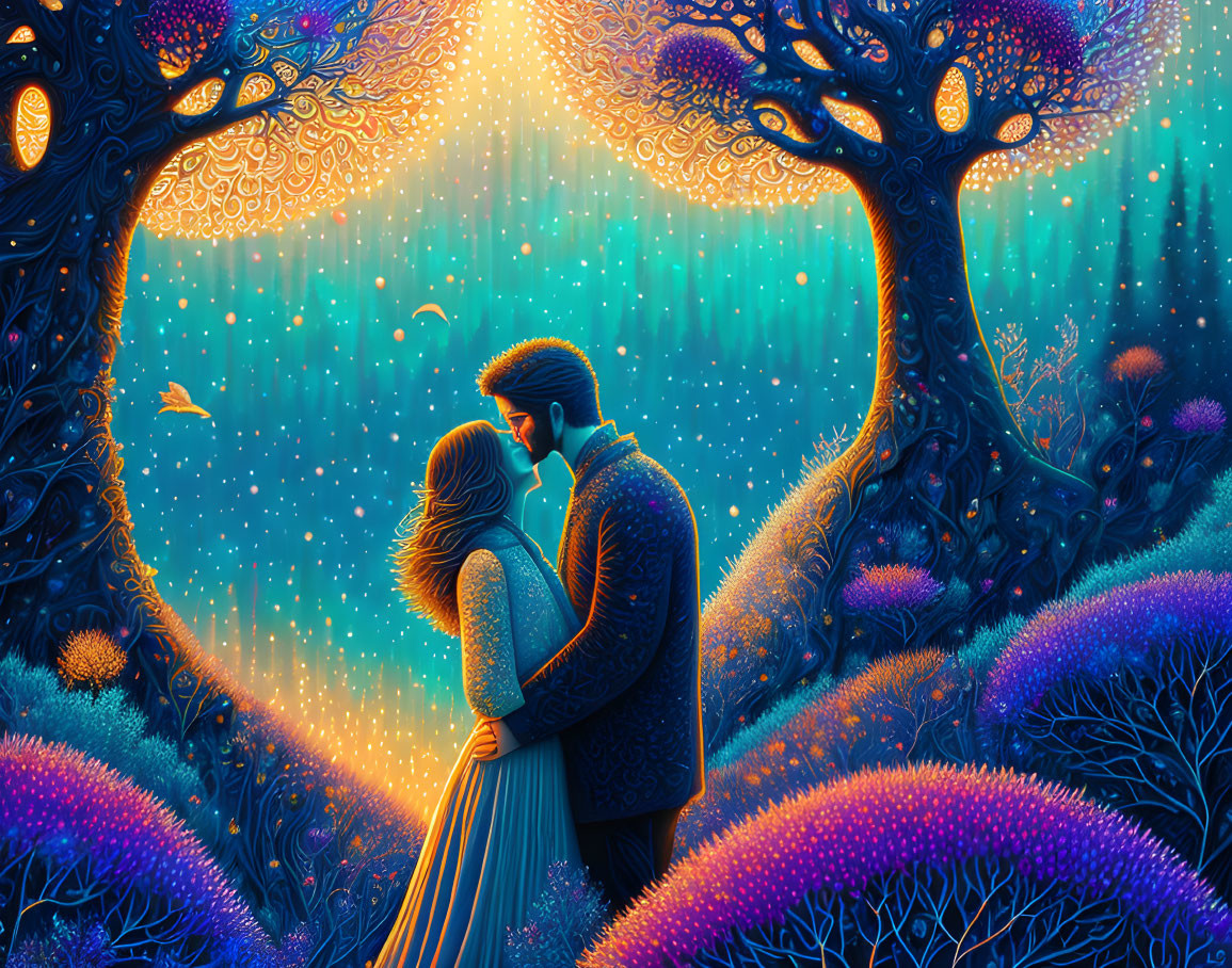 Couple embracing in vibrant, whimsical forest with glowing trees