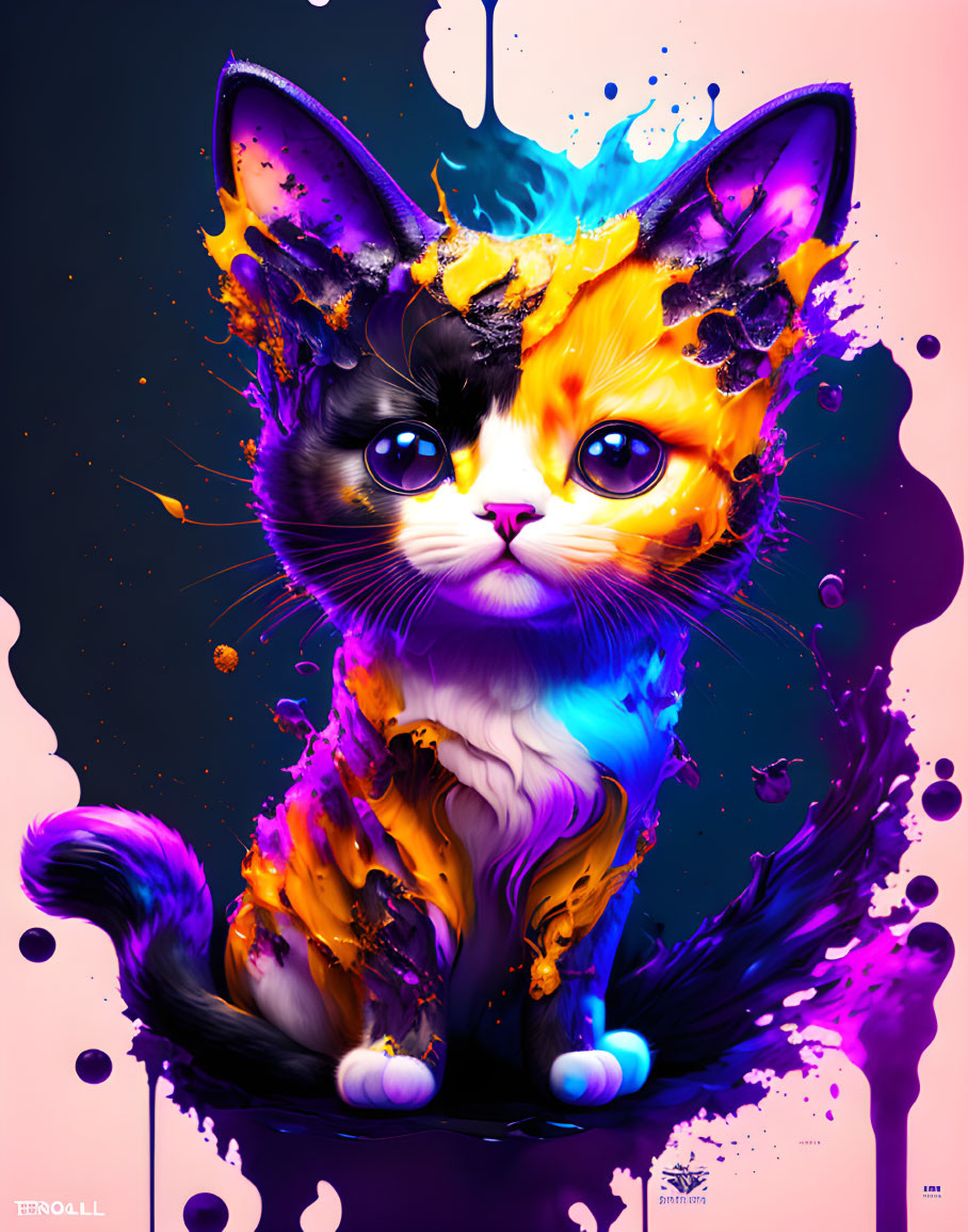 Colorful digital artwork of cat with swirling blue, purple, and orange hues