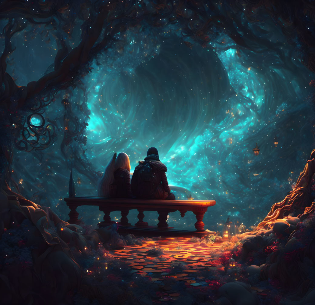 Two people contemplate a cosmic scene in an enchanted forest.