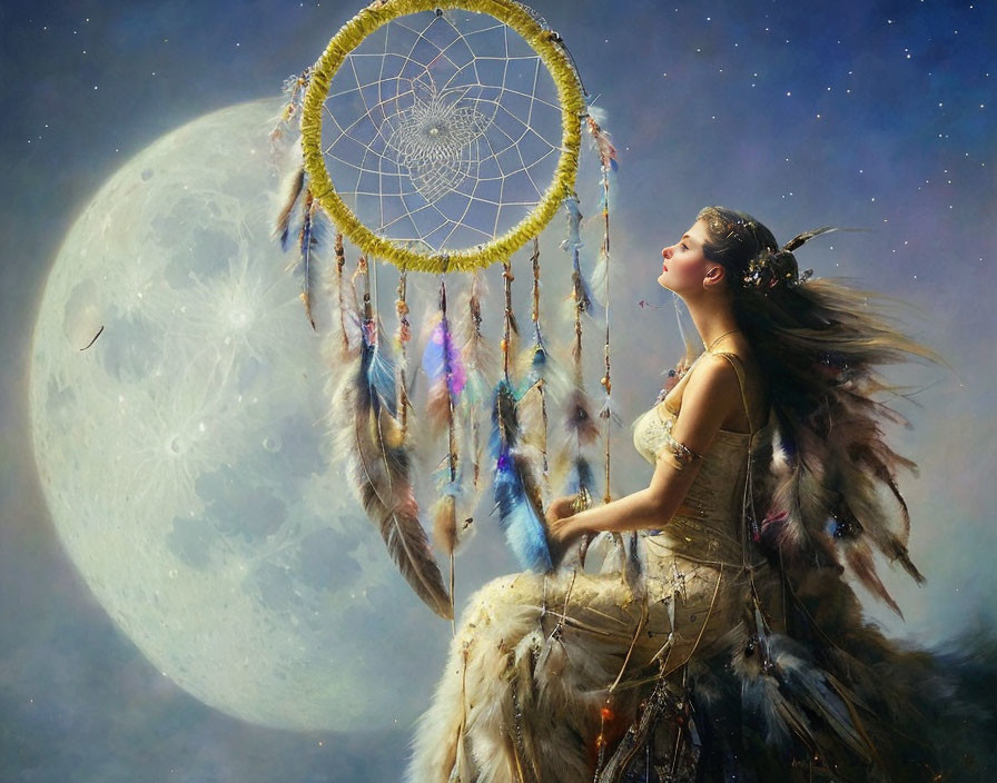 Woman in feathered dress under full moon with dreamcatcher