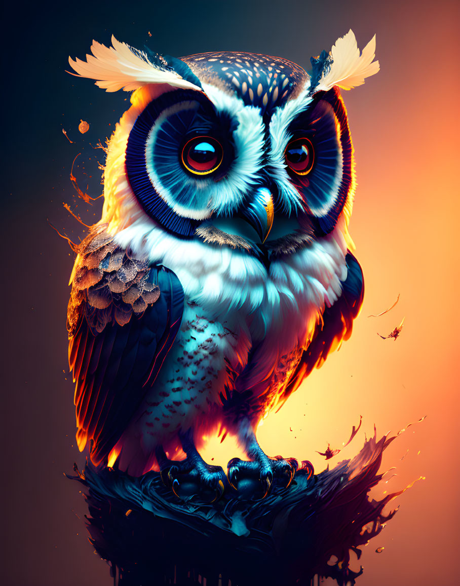 Vibrant owl digital art with large eyes in orange and blue tones