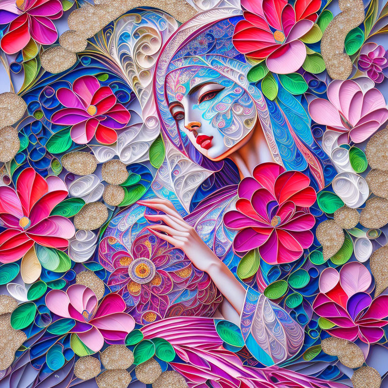 Colorful Digital Artwork Featuring Stylized Woman and Floral Patterns