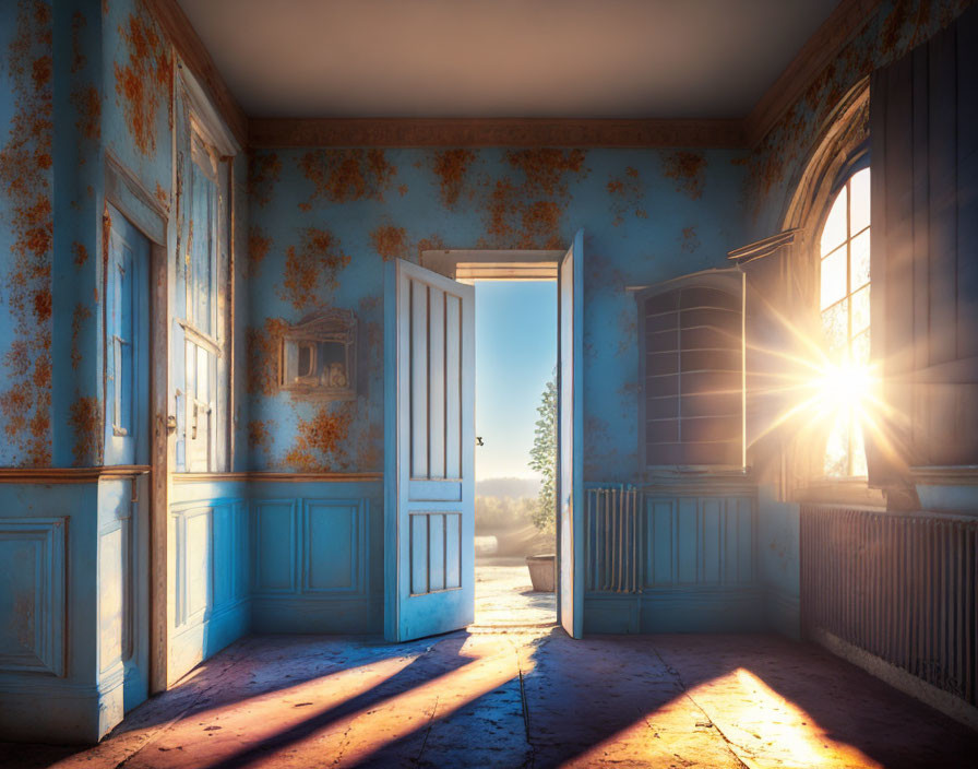 Abandoned room with peeling blue walls and sunlight streaming in