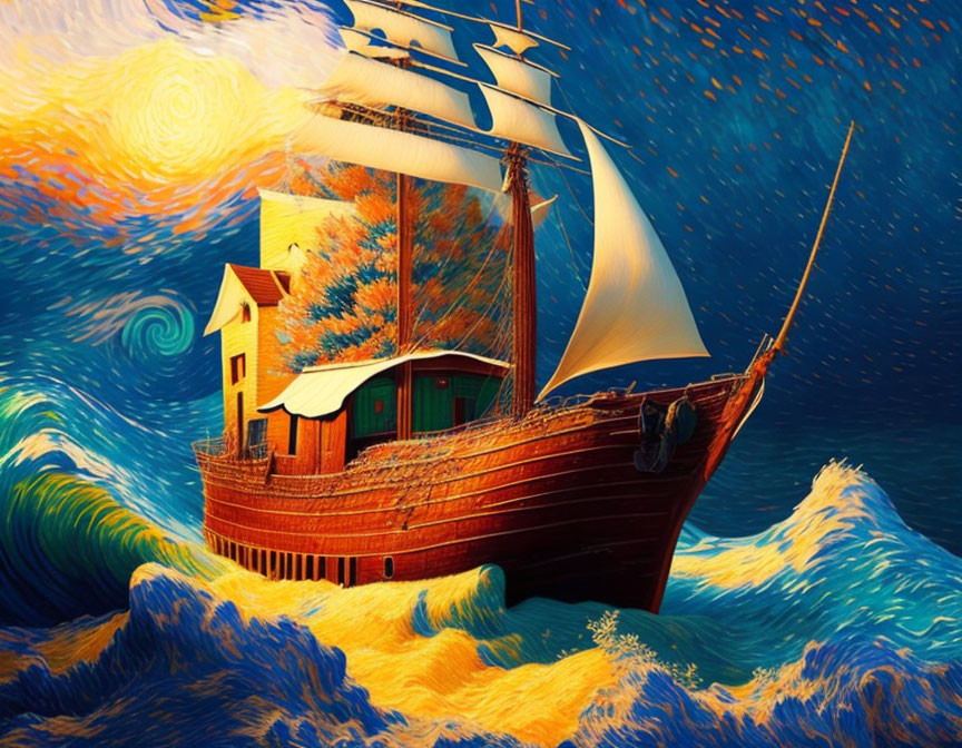 Colorful sailing ship with house on deck in stylized seas and orange sky