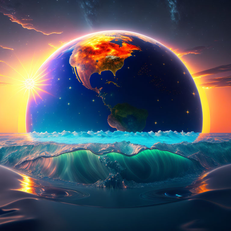 Surreal oversized Earth over ocean waves at twilight