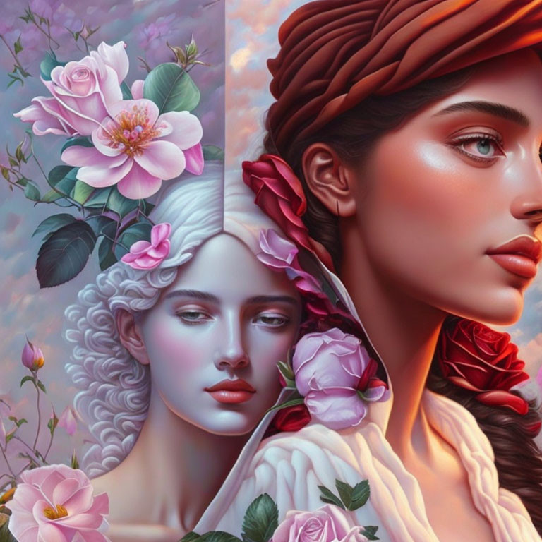 Digital artwork featuring two women's faces with floral hair, blending classical and modern styles