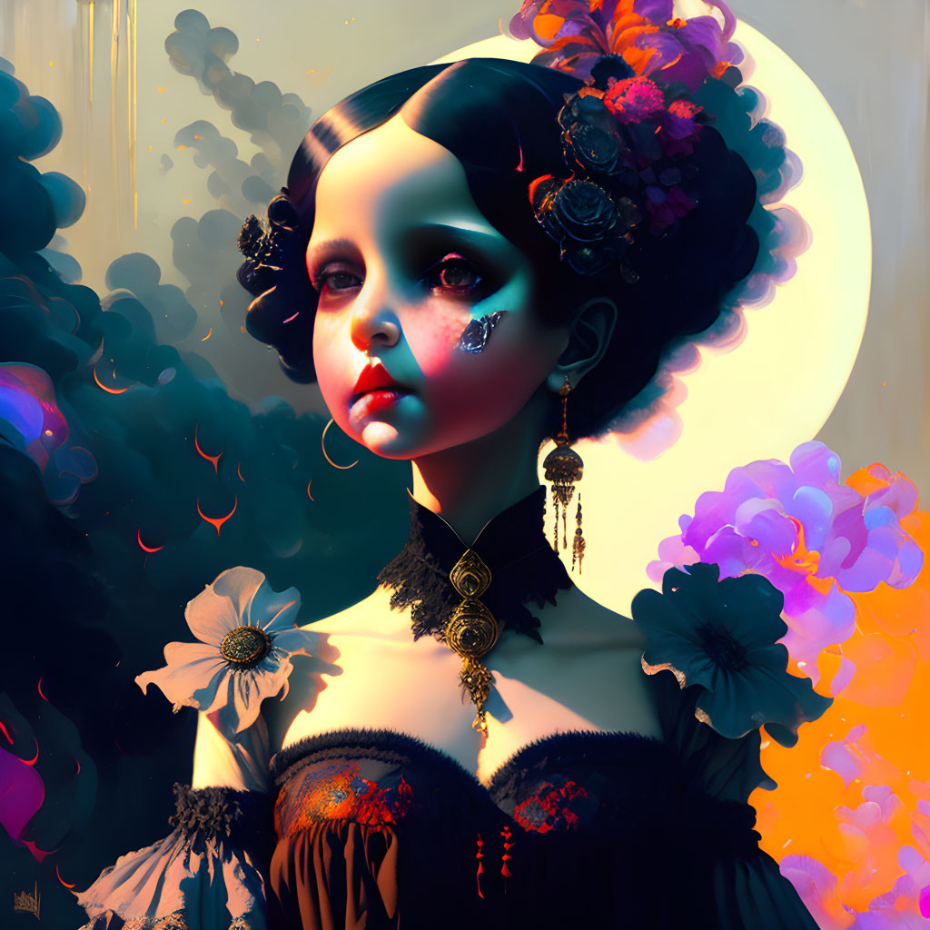 Stylized portrait of a girl with dark hair and floral adornments against vibrant clouds