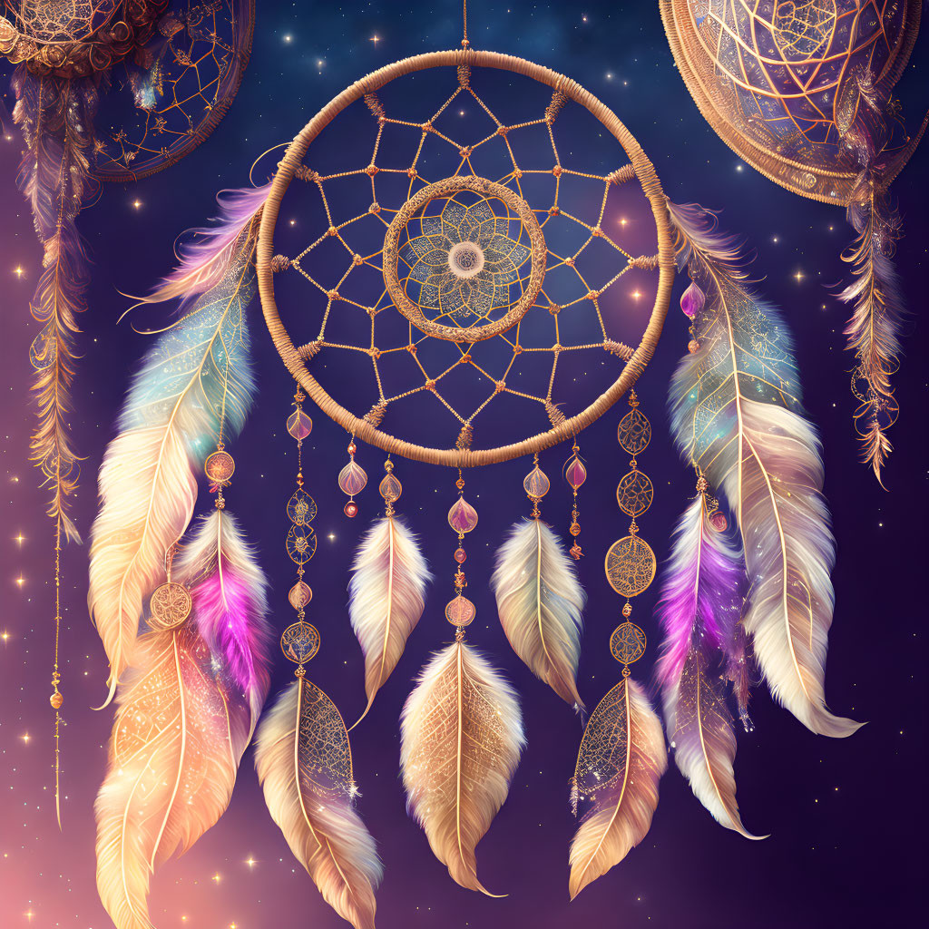 Colorful Dreamcatcher with Feathers and Beads on Starry Night Sky