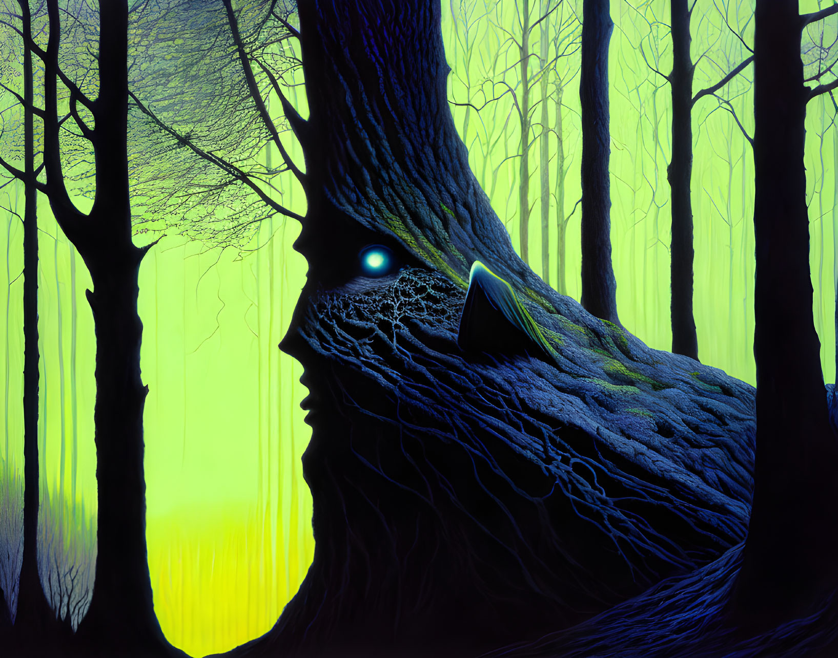 Mystical forest with face-shaped tree and glowing eyes surrounded by tall trees on neon green background