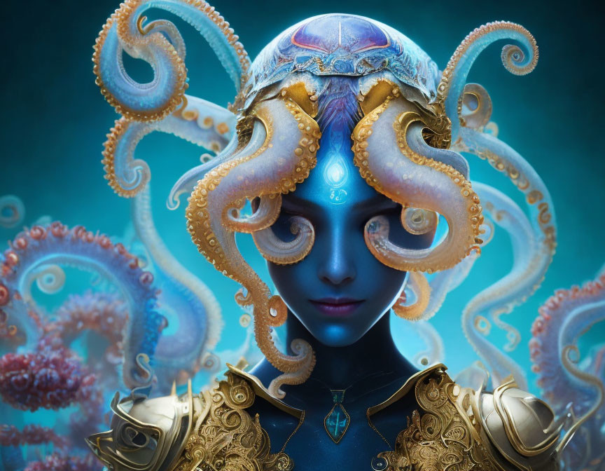 Blue-skinned humanoid with octopus motif, golden armor, and tentacle helmet in marine setting